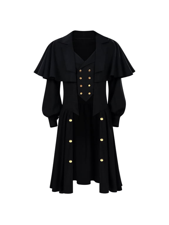 Mens Coat Gothic Double Breasted Trench Coat, Long Cape Shoulder Outerwear with Gold Buttons, Vintage Wear