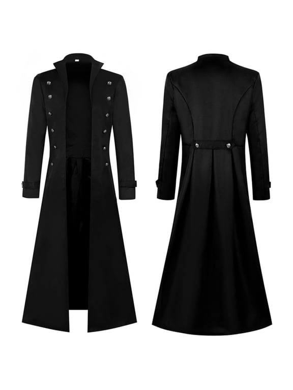 Mens Coat Gothic Long Trench Coat, Stand Collar Double Breasted Outerwear with Silver Buttons, Vintage Wear