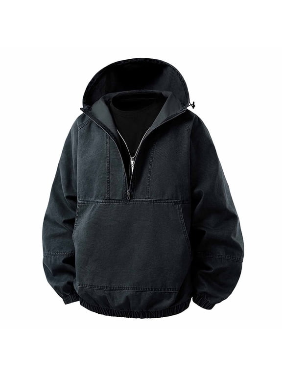 Mens Hooded Jacket Half Zip Pullover Coat, Washed Canvas Outerwear with Kangaroo Pocket, Casual Winter Top