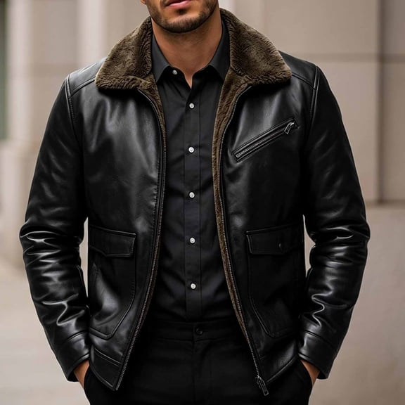 Hulanddfd Mens Jacket Aviator Faux Leather Coat, Black Shearling Collar Zip Up Outerwear with Flap & Zipper Pockets, Winter Wear