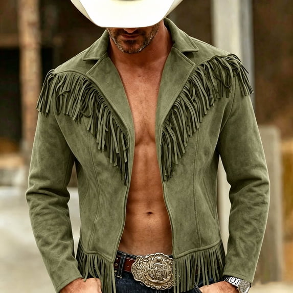 Hulanddfd Mens Jacket Faux Suede Fringe Coat, Collared Long Sleeve Outerwear with Pockets, Casual Western Wear