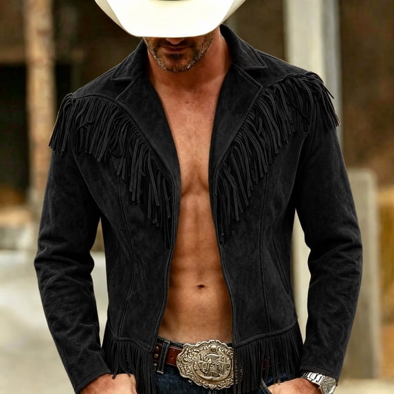 Hulanddfd Mens Jacket Faux Suede Fringe Coat, Collared Long Sleeve Outerwear with Pockets, Casual Western Wear