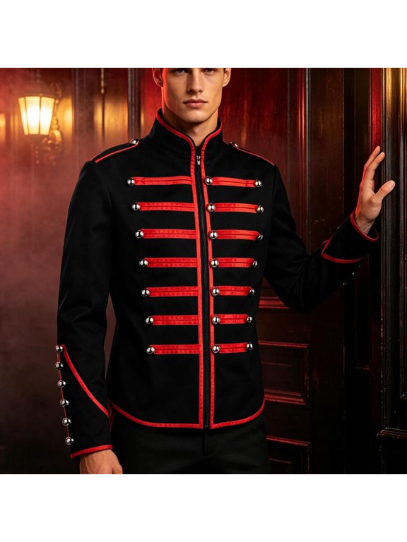 Mens Jacket Military Marching Band Coat, Trim Stand Collar Zip Up Outerwear with Silver Buttons, Stage Costume