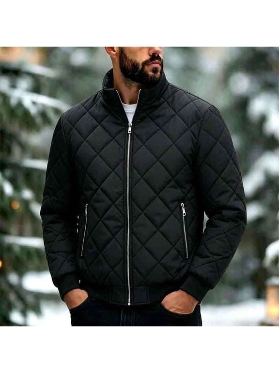 Mens Jacket Quilted Diamond Zip Up Coat, Black Stand Collar Bomber Outerwear with Zipper Pockets, Casual Winter Top