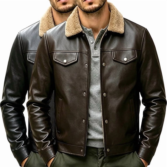Hulanddfd Mens Jacket Shearling Collar Faux Leather Coat, Snap Button Outerwear with Flap Pockets, Winter Wear