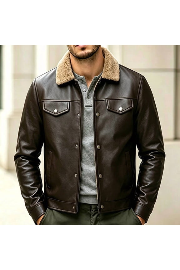 Mens Jacket Shearling Collar Faux Leather Coat, Snap Button Outerwear with Flap Pockets, Winter Wear
