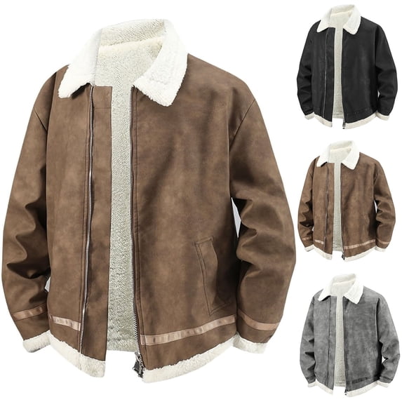 Hulanddfd Mens Jacket Sherpa Lined Suede Coat, Faux Fur Collar Zip Up Outerwear with Pockets, Warm Winter Top