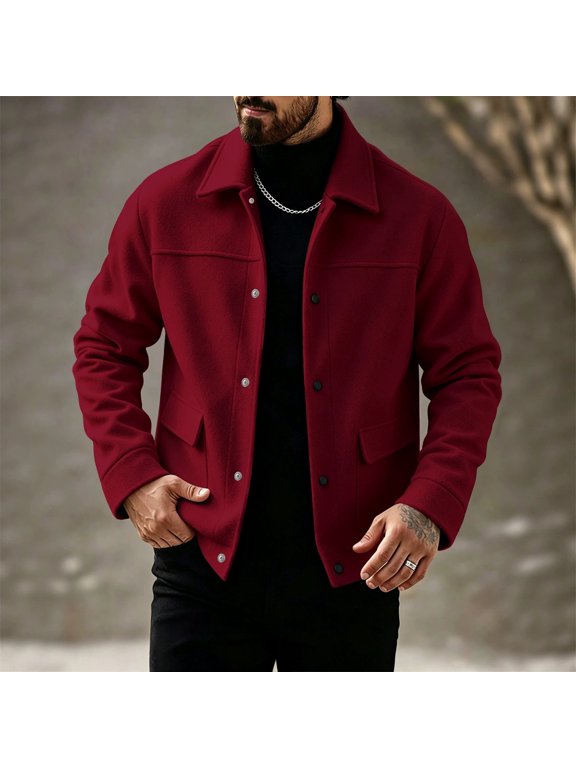 Mens Jacket Snap Button Colla Coat, Burgundy Long Sleeve Outerwear with Flap Pockets & Chest Seam, Casual Winter Top