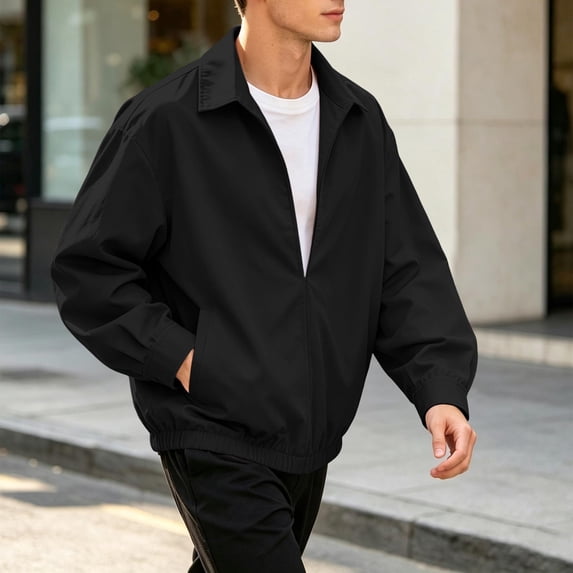 Hulanddfd Mens Jacket Zip Up Colla Bomber Coat, Long Sleeve Casual Outerwear with Pockets & Ribbed Hem, Daily Wear