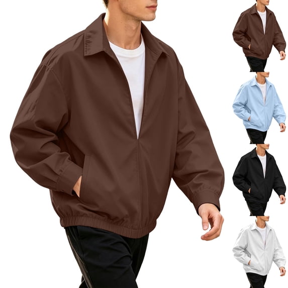Hulanddfd Mens Jacket Zip Up Collared Bomber Coat, Brown Long Sleeve Casual Outerwear with Pockets & Ribbed Hem, Daily Wear