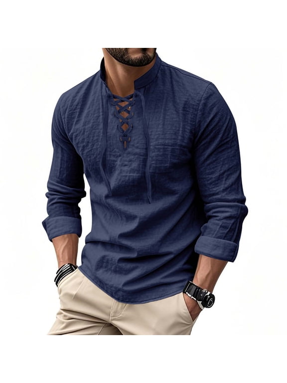 Mens Shirt Lace Up Shirt, Stand Collar Long Sleeve Top with Pocket & V-Neck Lacing, Casual Boho Wear