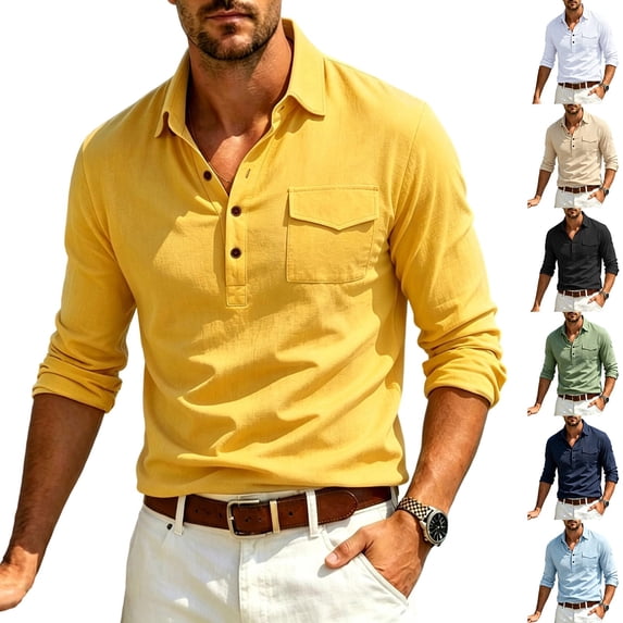 Hulanddfd Mens Shirt Long Sleeve Polo with Pocket, Yellow Button Up Collared Casual Top, Slim Fit Daily Wear