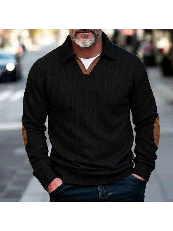 Mens Sweater V-Neck Elbow Patch Knit Pullover, Colla Long Sleeve Top with Contrast Trim, Casual Winter Wear