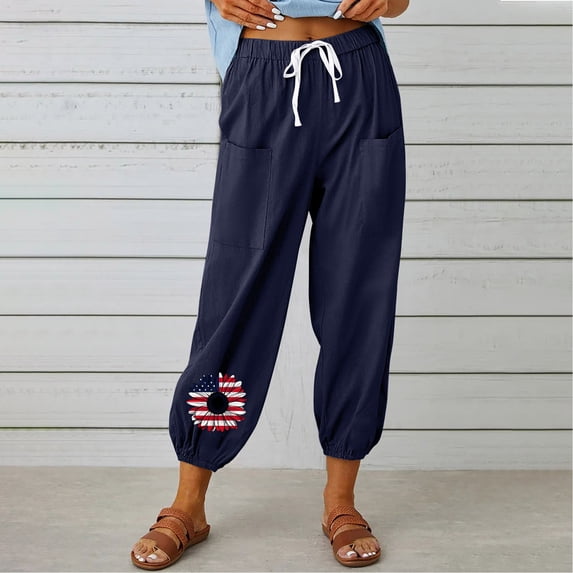 hulanddfd Womens Printed Pants Womens Solid Color High Waist Drawstring Pocket Casual Long Home Work Daily