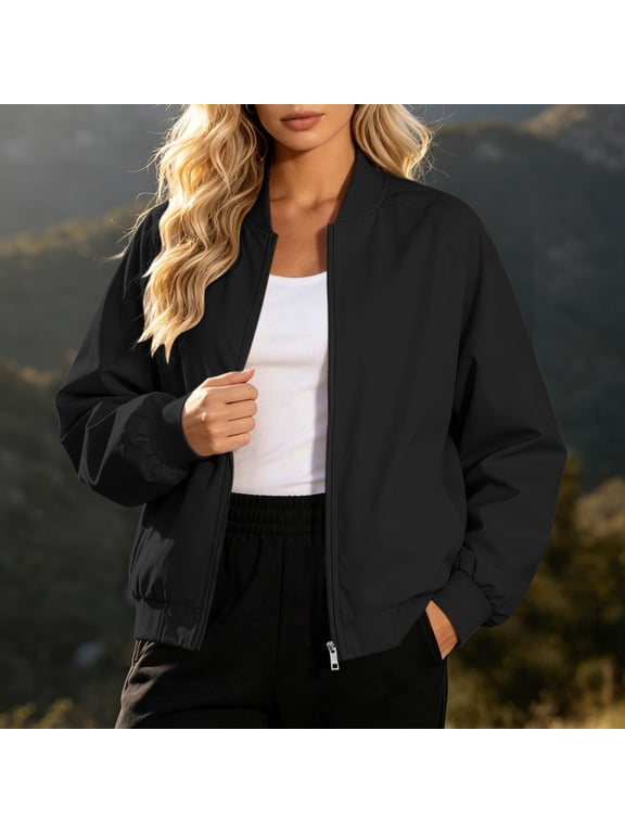 Women Jacket Collarless Zip Up Side Pockets Long Sleeve Casual Loose Fit Bomber Streetwear Fall Winter Outerwear