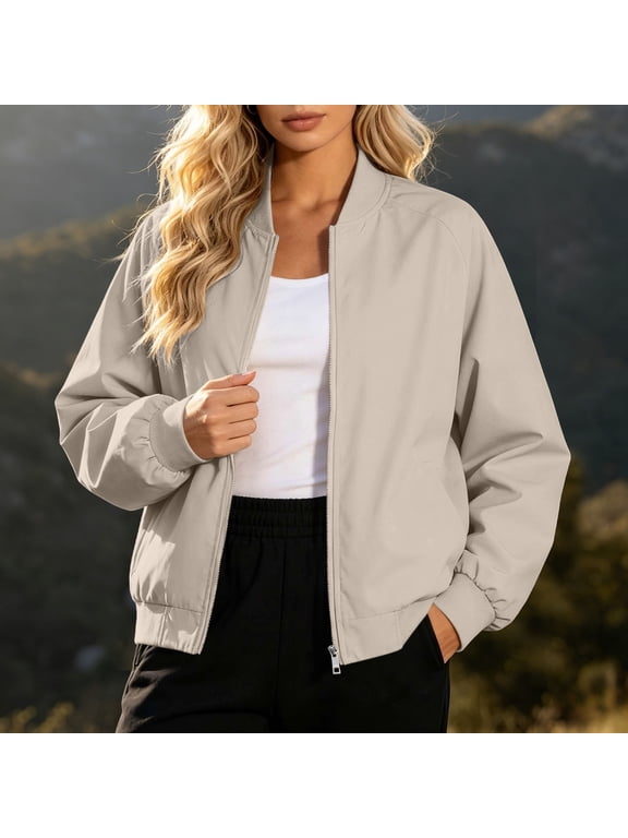 Women Jacket Collarless Zip Up Side Pockets Long Sleeve Casual Loose Fit Bomber Streetwear Fall Winter Outerwear