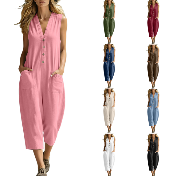 Hulanddfd Women Jumpsuit Sleeveless V-Neck Button Down Wide Leg Loose Fit Casual Outfit Lightweight Comfortable Everyday Wear