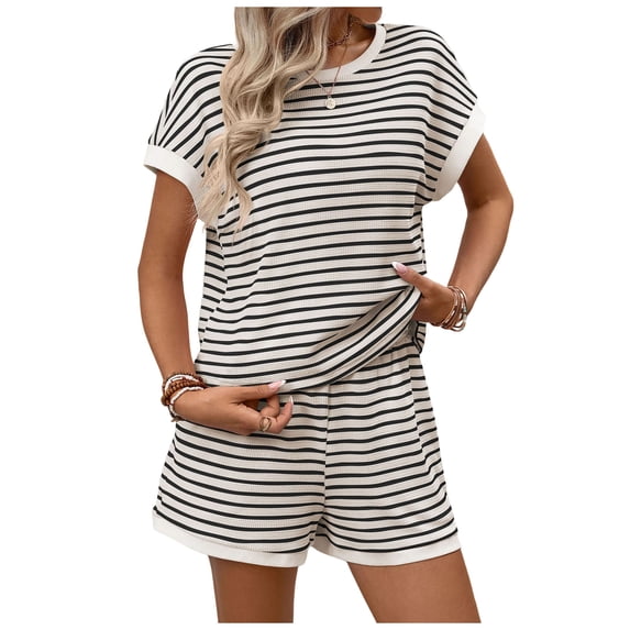 Hulanddfd Women's Athleisure Set Short Sleeve Round Neck Top Elastic Waist Shorts Set Beige Size M