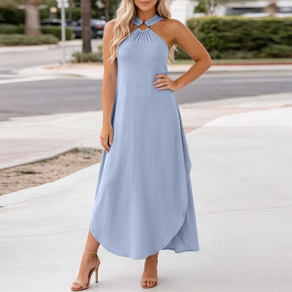 Hulanddfd Women's Dress Halter Neck Button Sleeveless Solid Color Side Slit Midi Dress Light Blue Size M