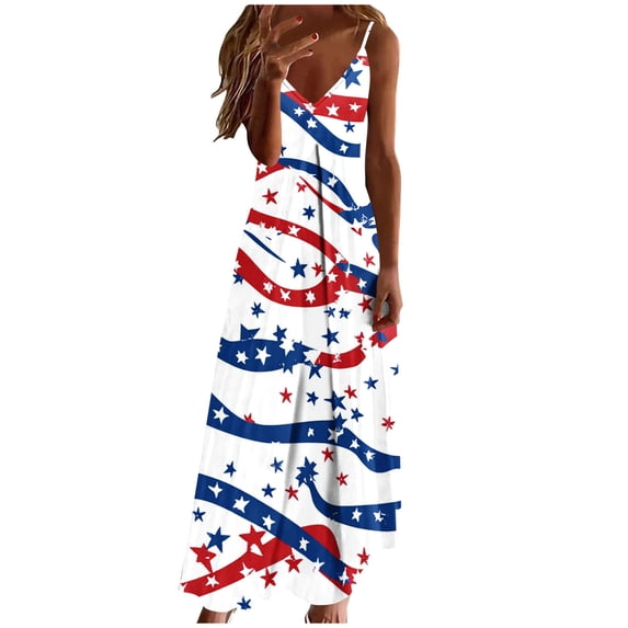Hulanddfd Women's Dress Independence Day Printed V Neck Spaghetti Strap Ankle-Length Dress D Multicolor Size 4XL