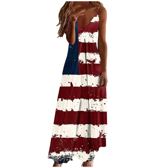 Hulanddfd Women's Dress Independence Day Printed V Neck Spaghetti Strap Ankle-Length Dress F Multicolor Size L