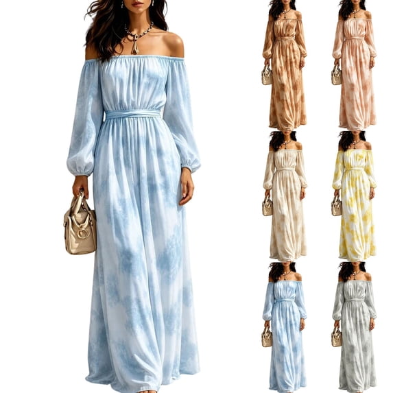 Long Point Bech Hulanddfd Women's Dress Off Shoulder Long Sleeve Pleated A-Line Maxi ...