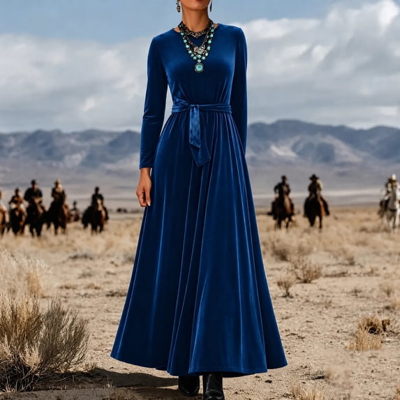 Hulanddfd Women's Dress Round Neck Long Sleeve Pleated A-Line Maxi ...
