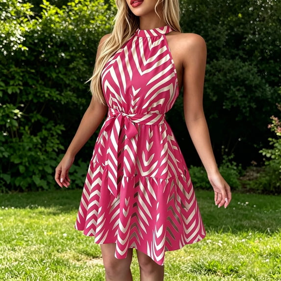 Hulanddfd Women's Dress Sleeveless Halter Stand Collar Wavy Striped Printed Dress for Summer Hot Pink Size M
