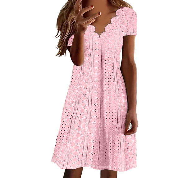Hulanddfd Women's Dress Solid Color Summer Hollow Out Short Sleeve V-Neck Dress Pink Size 2XL