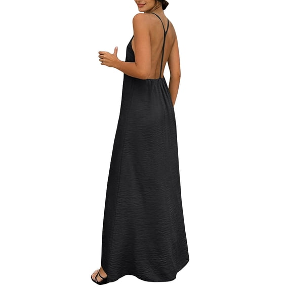 Hulanddfd Women's Dress V-Neck Halter Sleeveless Solid Color Backless Dress Black Size XL
