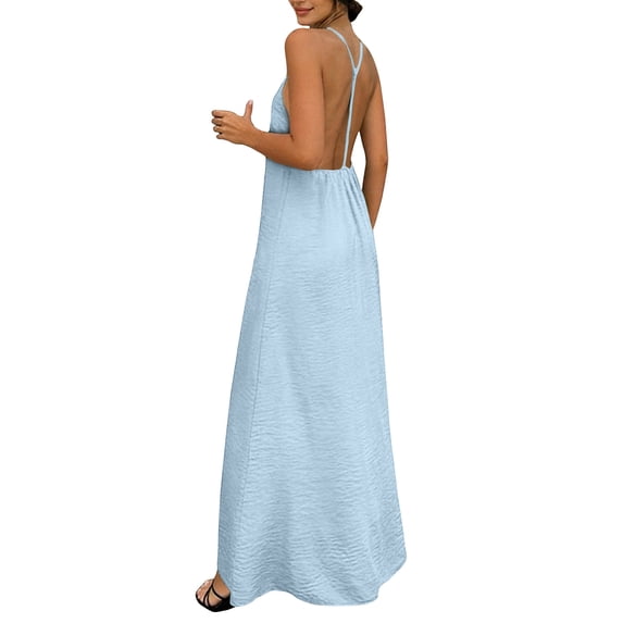Hulanddfd Women's Dress V-Neck Halter Sleeveless Solid Color Backless Dress Light Blue Size M