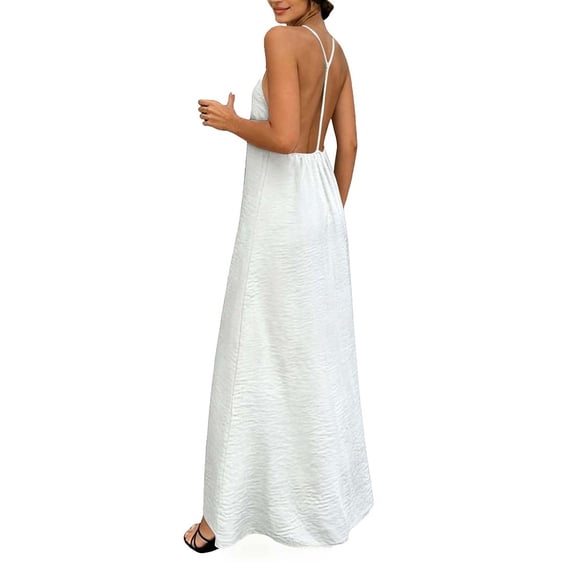Hulanddfd Women's Dress V-Neck Halter Sleeveless Solid Color Backless Dress White Size S