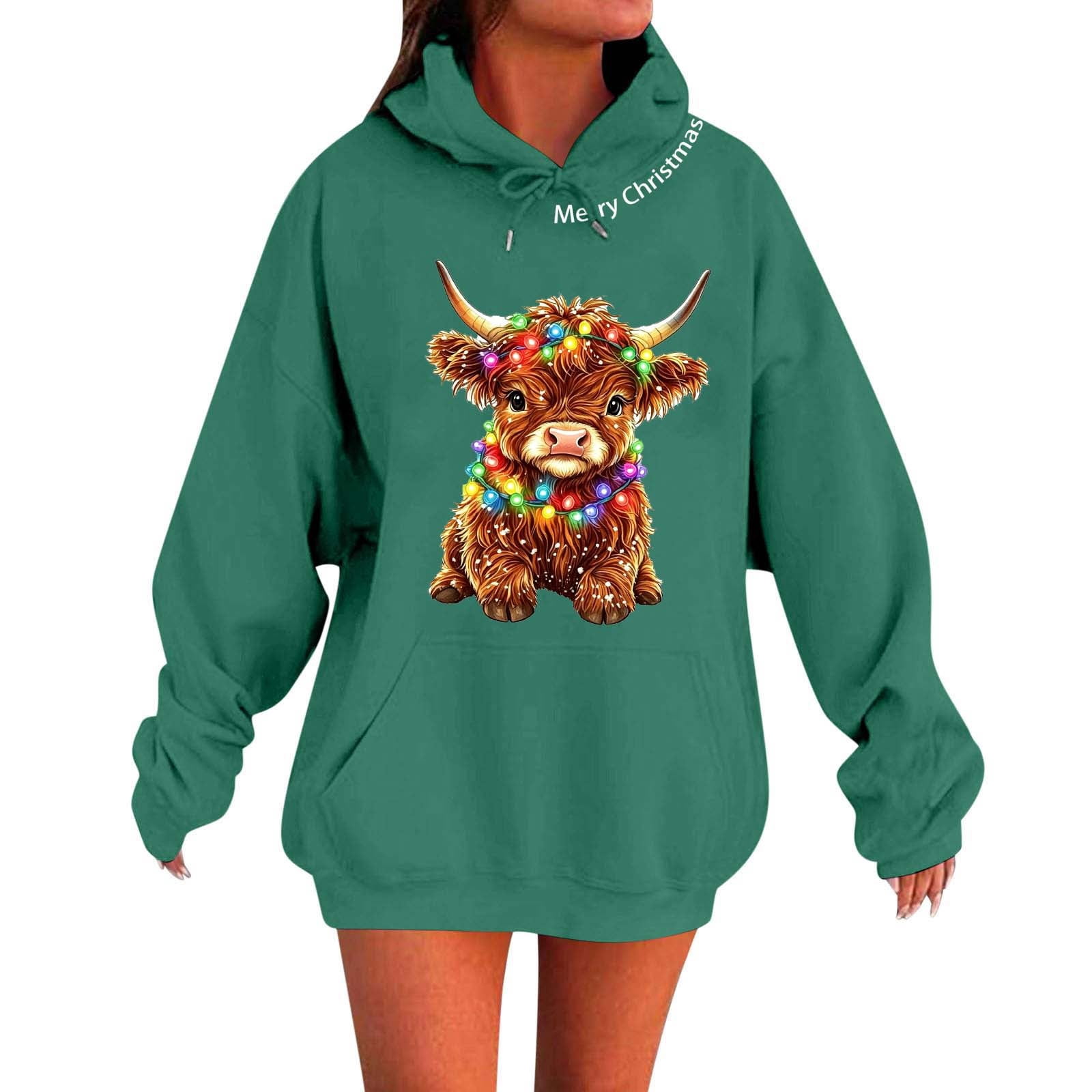 Hulanddfd Women's Hoodie Christmas Highland Cow Graphic Print Long ...
