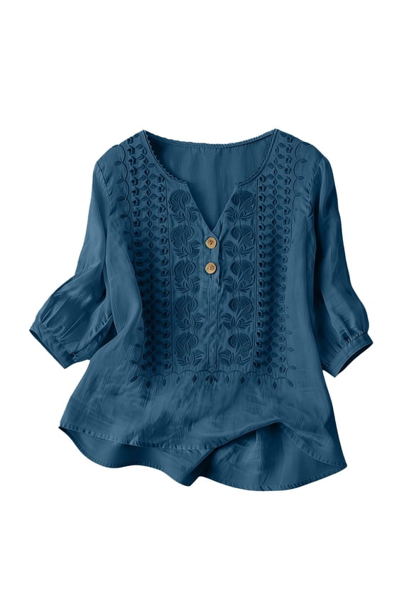 Women's Linen Embroidered Blouses V Neck Button Down Loose Fit Summer Blouse with Tops 3/36 Sleeve Navy size XXL