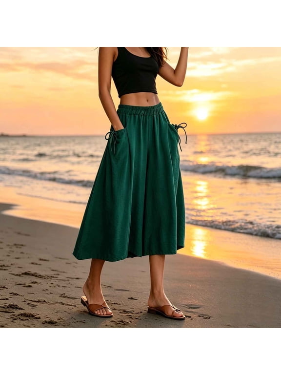 Women's Pants Elastic Waist Solid Color Flared Culottes Casual Capri Pants Green Size XL