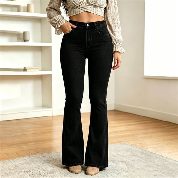Hulanddfd Women's Pants Solid Bootcut Jeans with Button-Zip Fly Black Size 2XL