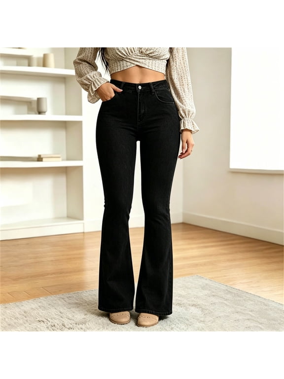 Women's Pants Solid Bootcut Jeans with Button-Zip Fly Black Size XL