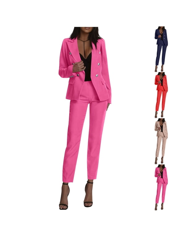 Women's Professional Suit Set Double-Breasted Top Long Pants Business Suit Hot Pink Size 2XL