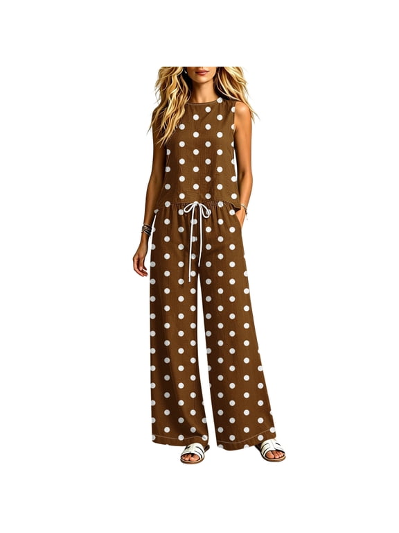 Women's Set Polka Dot Round-Neck Sleeveless Top and Wide Leg Pocket Pants Two Piece Set Brown Size M