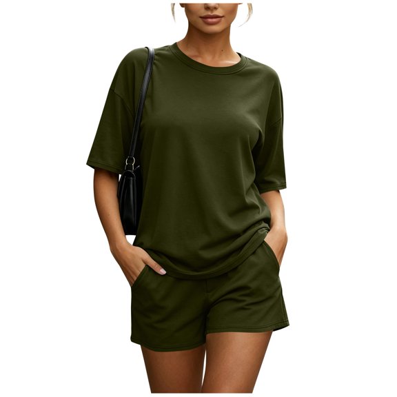 Hulanddfd Women's Set Solid Short-Sleeve Round-Neck Split-Hem Top and Shorts Athletic Set Army Green Size M