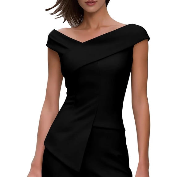 Hulanddfd Women's Tops Fashion Off-Shoulder Crossover V-Neck Asymmetric Top Black Size S