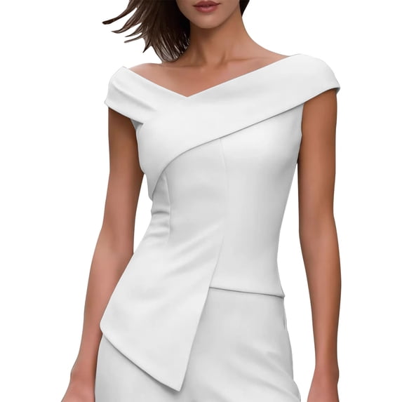 Hulanddfd Women's Tops Fashion Off-Shoulder Crossover V-Neck Asymmetric Top White Size L