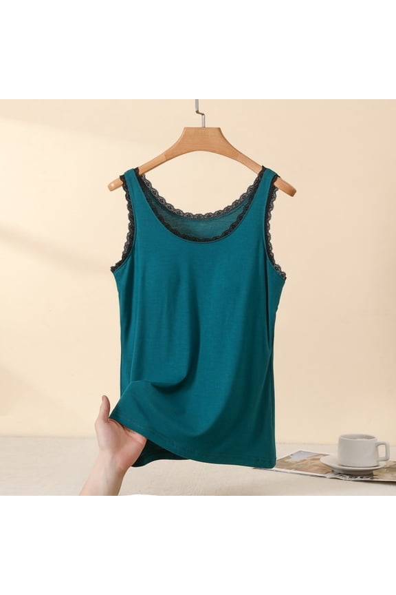 Women's Tops Loose Solid Color Lace Trim Vest Round Neck Sleeveless Pajamas Loungewear Top Army Green Size 2XL