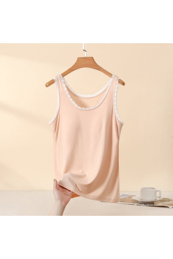 Women's Tops Loose Solid Color Lace Trim Vest Round Neck Sleeveless Pajamas Loungewear Top Beige Size XL
