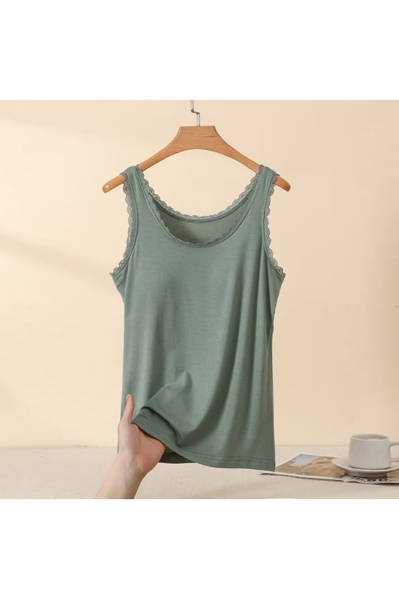 Women's Tops Loose Solid Color Lace Trim Vest Round Neck Sleeveless Pajamas Loungewear Top Green Size XL