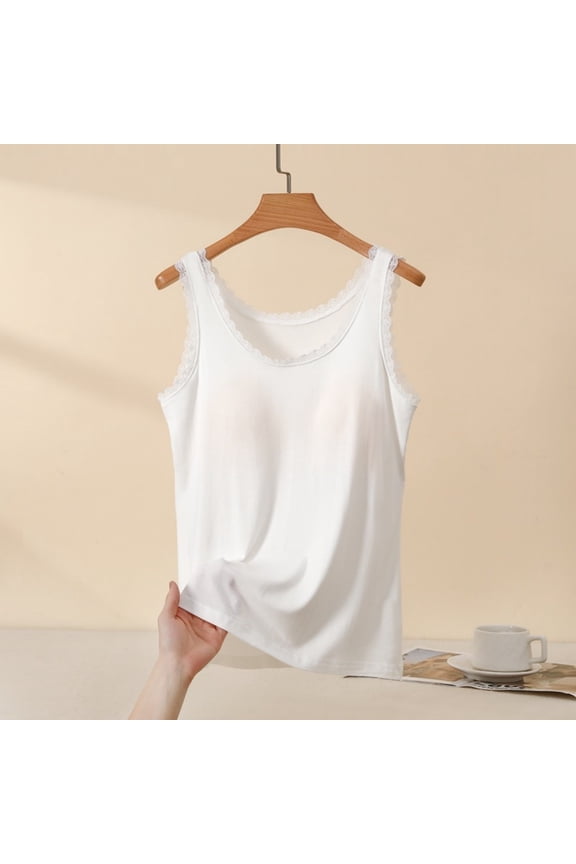 Women's Tops Loose Solid Color Lace Trim Vest Round Neck Sleeveless Pajamas Loungewear Top White Size L