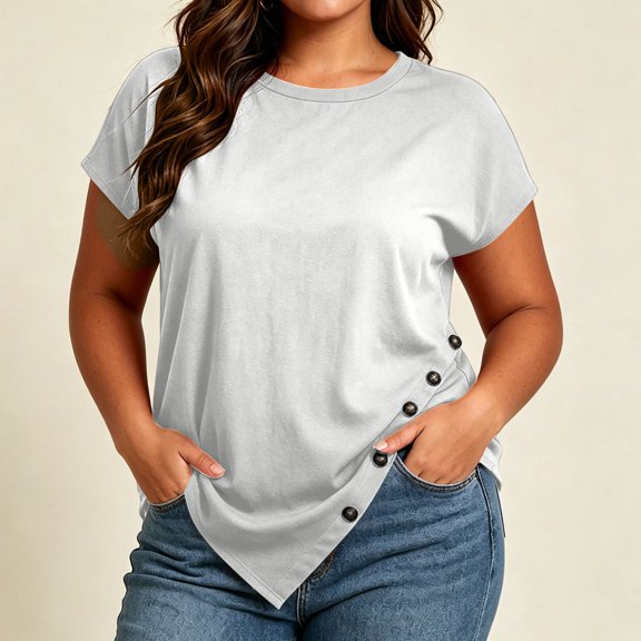 Hulanddfd Women's Tops Plus Size Short Sleeve Round Neck Asymmetric Button Hem Top White Size 5XL