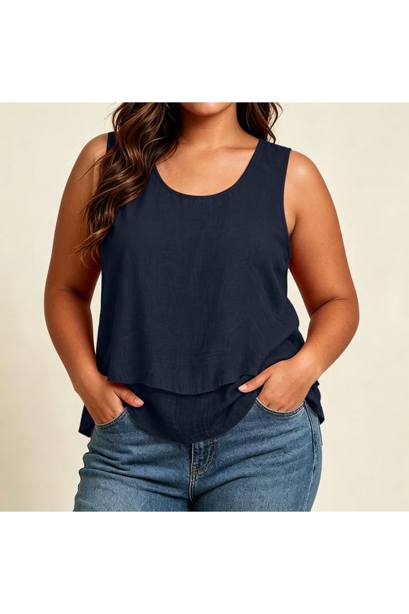 Women's Tops Round Neck Plus Size Solid Color Tiered Hem Top Navy Size XL