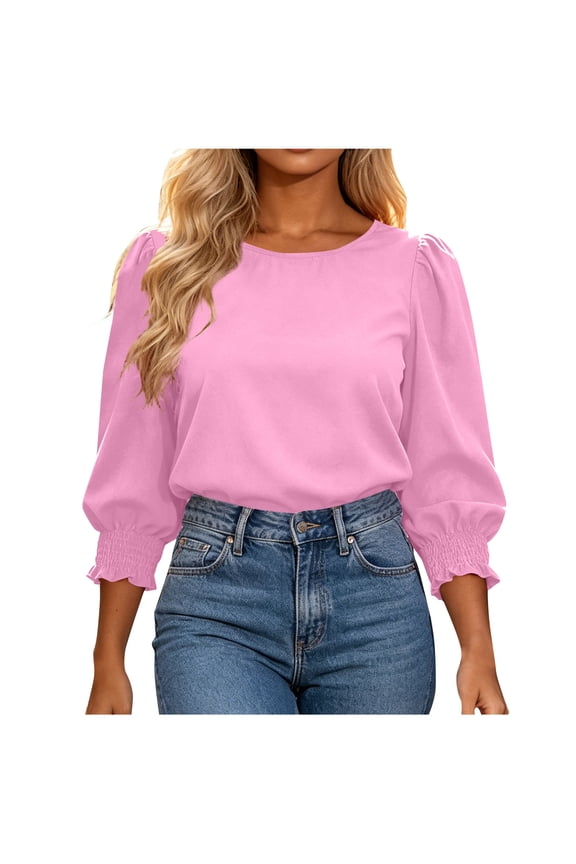 Women's Tops Solid 3/4-Sleeve Elasticized-Cuff Puff-Sleeve Round-Neck Relaxed Top Pink Size 2XL