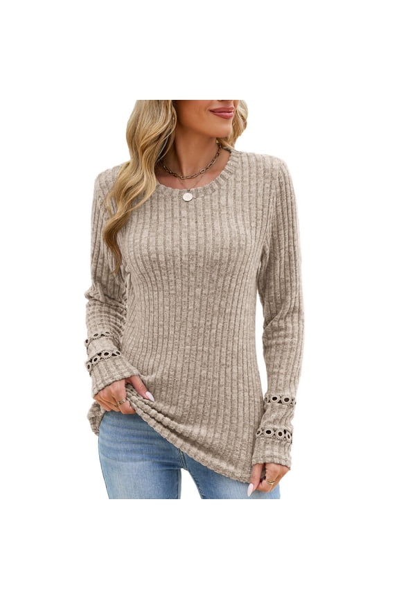 Women's Tops Solid Round-Neck Cut-Out Panel Long-Sleeve Ribbed Top Khaki Size S